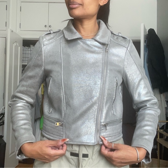 Zara Silver Women's Faux Suede Moto Jacket Sz Large - Picture 4 of 9